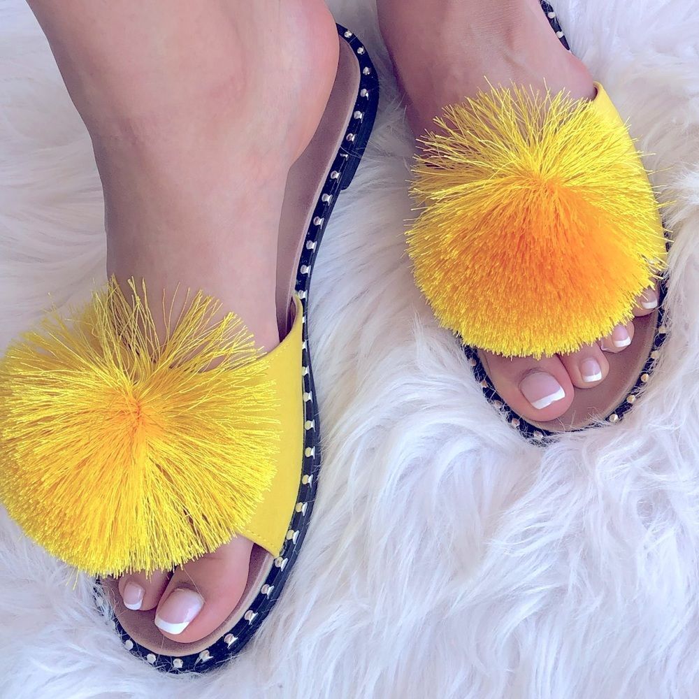 RESTOCK! Fun Yellow Pom Stud Slide On Padded Mule Sandals
